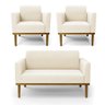 Conjunto 2 Poltronas e 1 Namoradeira Decorativa Pés Fixo em Madeira Castanho Veludo Bege - 7
