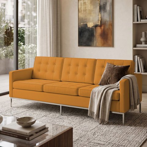 Sofá Fk 3 Lugares Couro Sintético Linha Premium Design Modernista Escritório Recepção - Caramelo