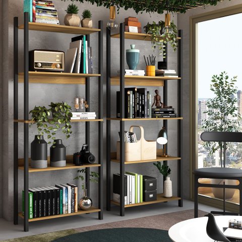 Estante para Livros Nobre 10 Prateleiras Estilo Industrial Freijó/black - Panorama Móveis