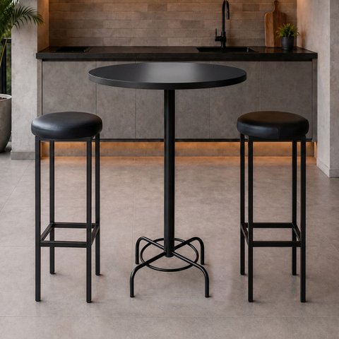 Conjunto Mesa Bistrô Alabama com 2 Banquetas Estofada Kassel Cor Preto - Kmj