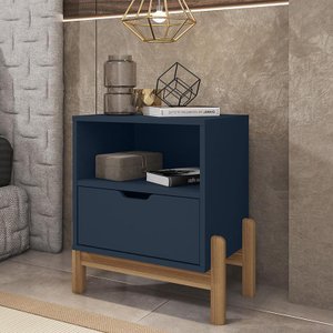 Mesa de Cabeceira Quarto Antares 1 Gaveta Pés Madeira Maciça Azul Cobalto