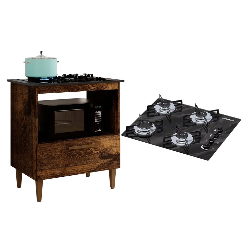 Kit Balcão para Cooktop Cozinha Kaiki Eliz Ypê com Fogão Cooktop 4 Bocas Chamalux Ultra Chama Preto  - 1