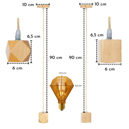 Kit Pendente Rústico Em Madeira Maciça De 1M Com Lâmpada Led Vintage Retro Diamante 4W Bocal E27 Luz - 2