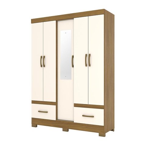 Guarda Roupa Solteiro Chale 5 Portas e 2 Gavetas com Espelho Nature/Off White - Móveis Briz