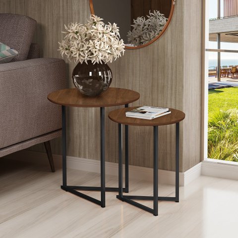 Mesa Lateral Jade Conjunto com 2 mesas Pé de Aço Preto Luxo