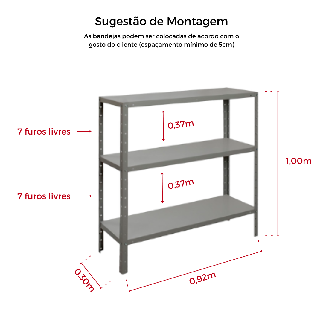 Estante Multiuso 30cm - 3 Bandejas - 22kg por Prateleira - Cinza Mm Branco - 2