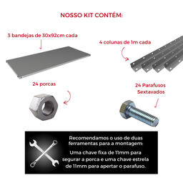 Estante Multiuso 30cm - 3 Bandejas - 22kg por Prateleira - Cinza Mm Branco - 3