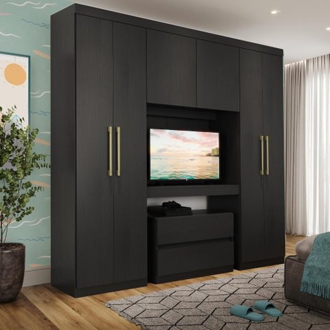 Guarda Roupa Infantil 6 Portas 2 Gavetas Porto Preto com Painel de Tv