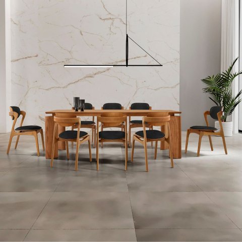 Sala de Jantar Mesa Nala 220cm Tampo Laminado Canto Moeda com 8 Cadeiras Solaris Soft