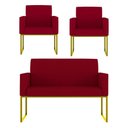 Ver imagem 1 de Kit Sofá 2 Lugares + 2 Poltronas Recepção Sala Base Dourada Cor:vermelho Vermelho