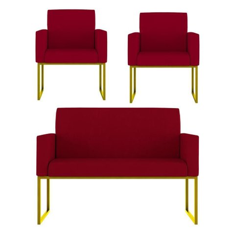 Kit Sofá 2 Lugares + 2 Poltronas Recepção Sala Base Dourada Cor:vermelho Vermelho