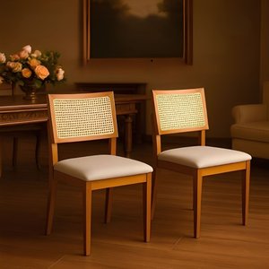 Kit 2 Cadeiras de Jantar Madeira Maciça Estofadas Linho Bege com Tela Sextavada Premiere