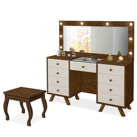 Penteadeira 9 Gavetas com Banqueta Cristal Malbec/off White