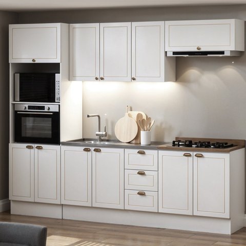 Cozinha Completa Modulada 5 Módulos Modelo Americano Provençal com Pés e Rodapés Conecta Branco/Ébano