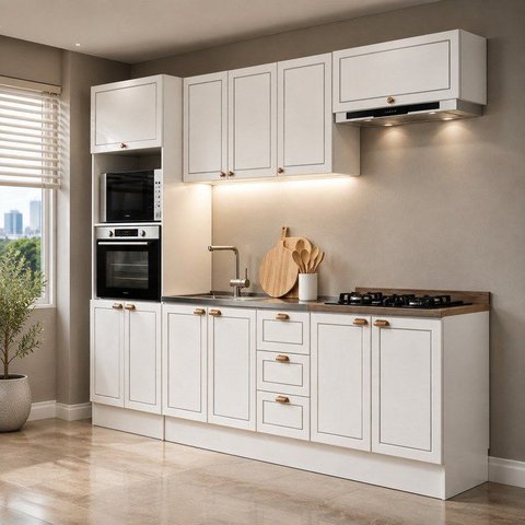 Cozinha Completa Modulada 5 Módulos Modelo Americano Provençal com Pés e Rodapés Branco/Ébano