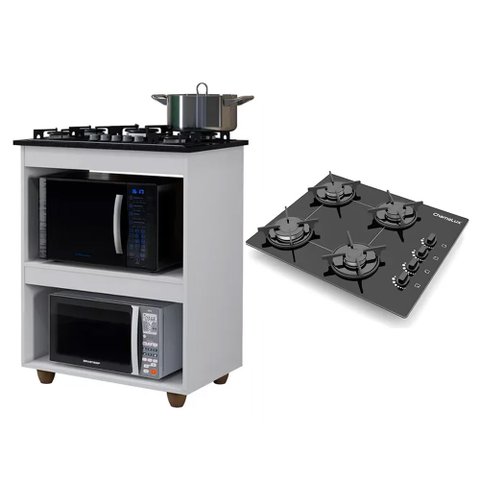 Kit Balcão para Cooktop Cozinha Kaiki Turim Branco com Fogão Cooktop Chef 4 Bocas Ultra Chama Preto 
