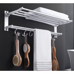 Toalheiro Varal Alumínio Inox C/ Prateleira e Ganchos Móveis:prateado - 1