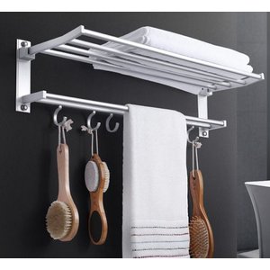 Toalheiro Varal Alumínio Inox C/ Prateleira e Ganchos Móveis:prateado