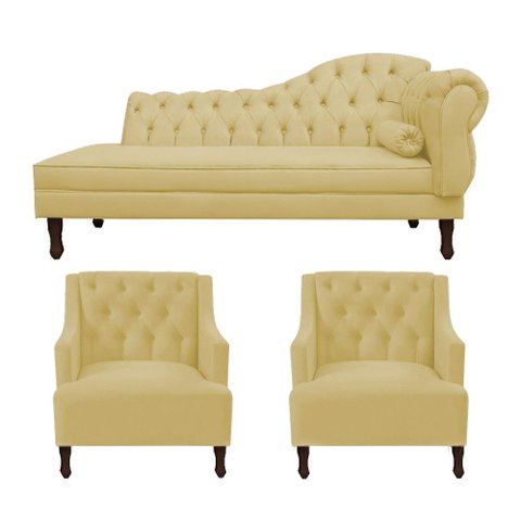 Kit Divã Cancun 185 Cm Braço Esquerdo + 2 Poltronas Genesis Amarelo