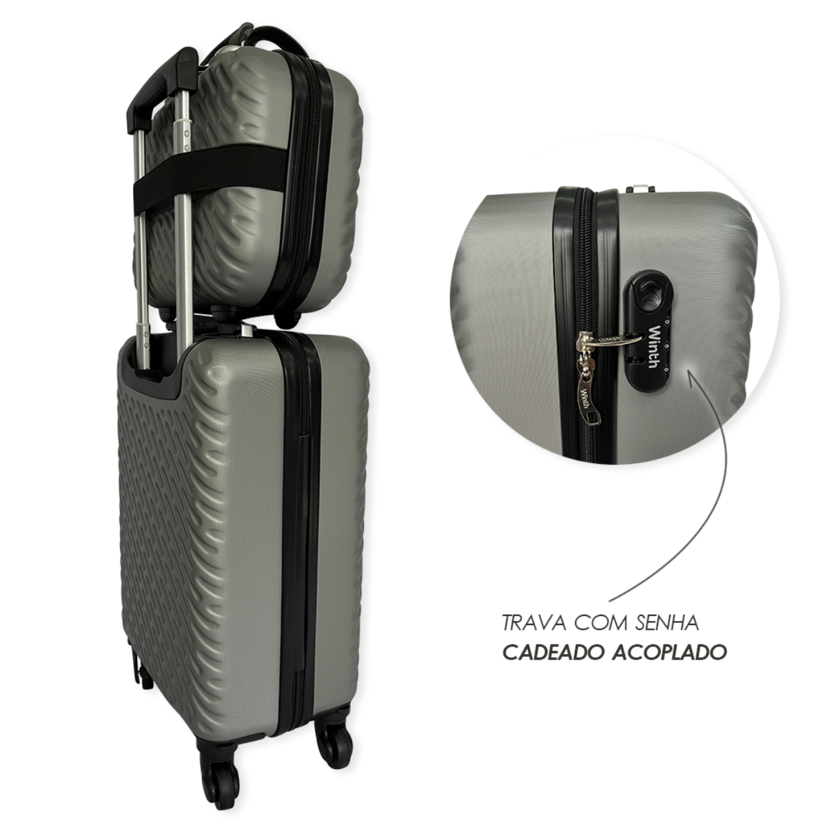 Malas de Viagem Kit 3 Peças Bordo Com Rodinha Cadeado Bolsa cor:Cinza - 3