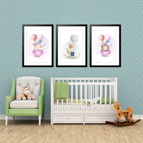 Kit 3 Quadros Grandes Quarto Infantil Filhotes Balões 60x48cm:moldura Branca