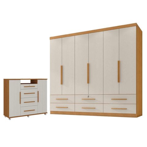 Guarda Roupa Casal Maximus 6 Portas e Cômoda Sapateira Versátil 4 Gavetas Cinamomo Areia Fosco-