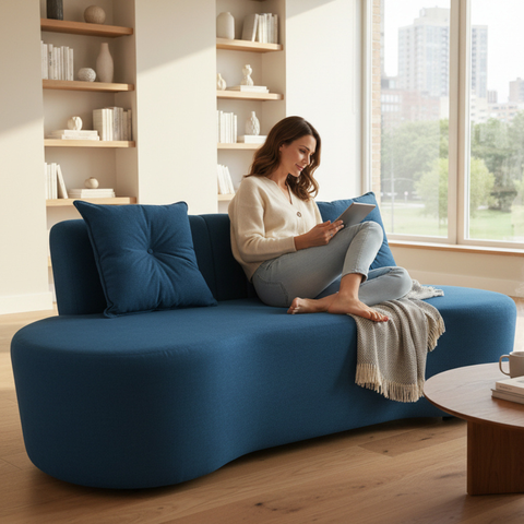 Sofá 2 Lugares Orgânico Curvo Madrid 150cm Bouclé Azul