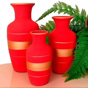 Trio Vasos Urnas Jad em Cerâmica Fosca de Aparador Decor - Red Gold