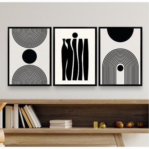 Kit 3 Quadros Decorativos para Sala Minimalistas 33x24cm - com Vidro:madeira Branca