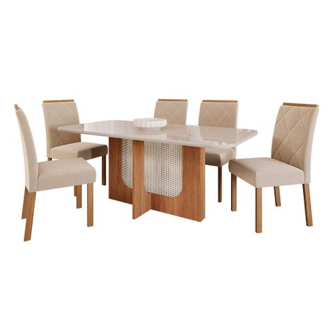 Sala de Jantar Mesa Louise 1,80 com 6 Cadeiras Fernanda Wood Cinamomo/off/mad/nude Cimol Mesa Louise