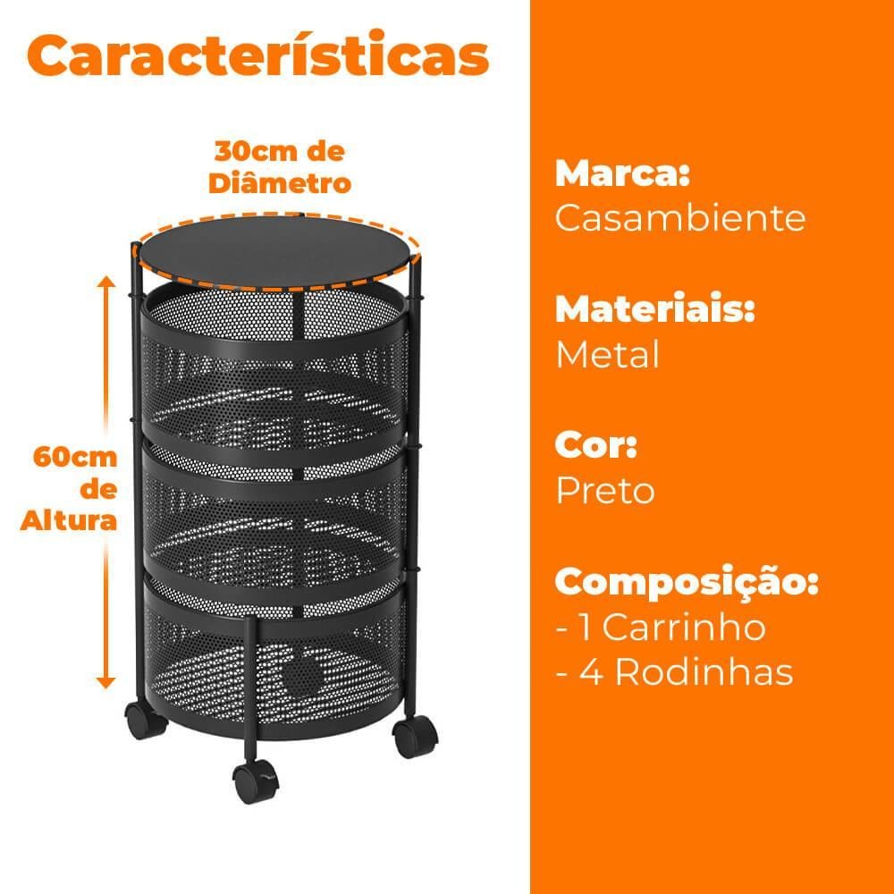 Fruteira Estante Carrinho Organizador Multiuso Redondo com Rodinhas 3 Cestos - Casambiente - 4