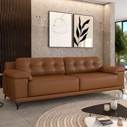 Sofá Living 3 lugares 212cm Agostino Pés Design em Ferro Couro Caramelo Manchado G52 - Gran Belo - 1