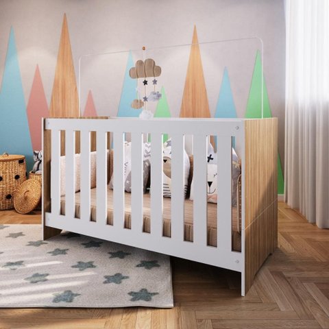 Berço Infantil Americano 3 em 1 com Colchão Vira Cama e Sofá Branco/Oak  - Completa Móveis