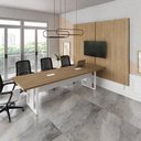 Ver imagem 1 de Mesa Escritório 2,70m 2 Cx de Tomada e Painel de Tv Duplo F5 Cor:macadâmia com Branco