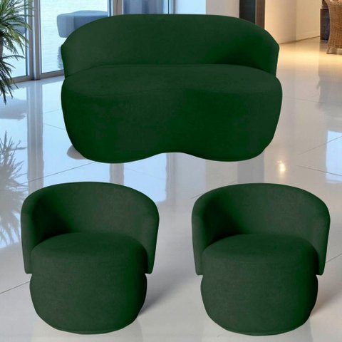 Kit Namoradeira + 2 Poltronas Decorativa Beatriz Orgânica Suede Verde