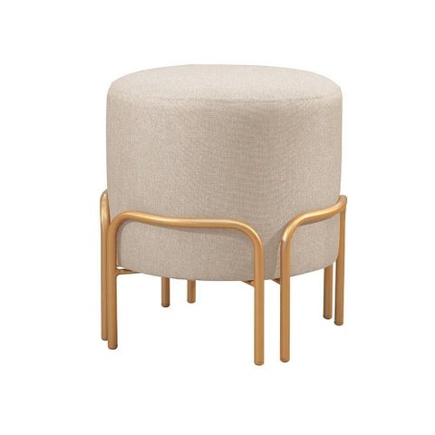 Puff Redondo Torvi em Linho e Base Metal Dourado Linho Bege