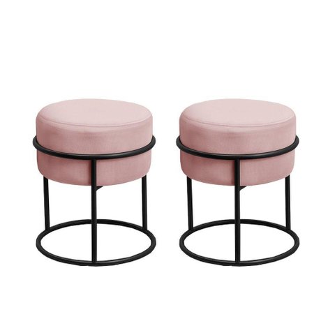 Kit 2 Puff Redondo Decorativo Estofado Veludo Revestimento em Metal Preto Rosé