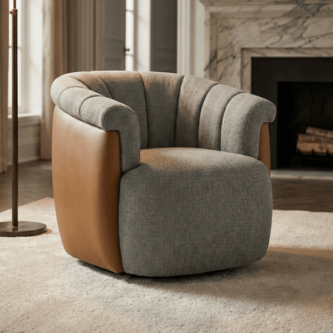 Poltrona Decorativa Giratória Linho Cinza Detalhe Courino Caramelo Suporta 150kg Luxo Montada Sala