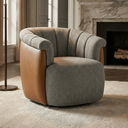 Ver imagem 1 de Poltrona Decorativa Giratória Linho Cinza Detalhe Courino Caramelo Suporta 150kg Luxo Montada Sala