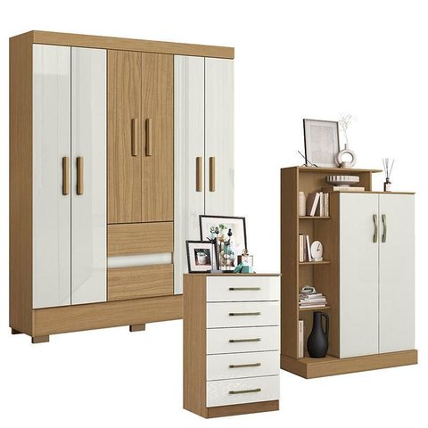 Guarda Roupa Casal Coimbra 2005138 com Cômoda 5 Gavetas 2014140 e Armário Multiuso Florença 2000199 