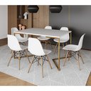 Ver imagem 1 de Mesa Jantar Industrial Retangular 137x90cm Branca Base V Dourada com 6 Cadeiras Eames Eiffel Madeira