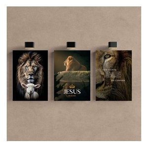 Kit 3 Quadro Leão de Judá Gospel Cristã Jesus Mdf Tratado 40x28cm