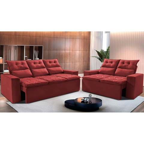 Conjunto de Sofá 3 e 2 Lugares Retrátil e Reclinável 2.00x1.50m Cama Inbox Smal Suede Vermelho