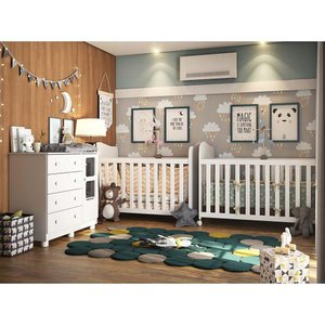 Quarto Infantil 2 Berços Americano e Cômoda Uli Móveis Peroba Branco Brilho