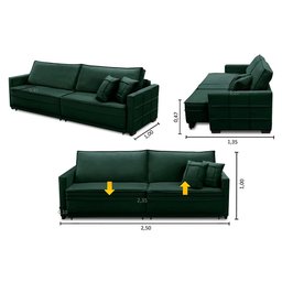 Sofá Cama Retrátil e Reclinável 2,50m com Molas Karen Veludo Verde Adonai Estofados - 2