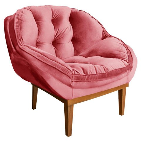 Poltrona Decorativa Veludo Rosa Base Madeira Castanho