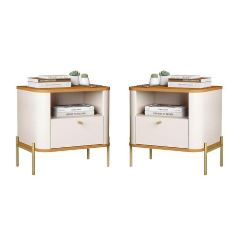 Conjunto de Mesa de Cabeceira Brisa 1 Gaveta MDF Off White Nature Bechara Móveis