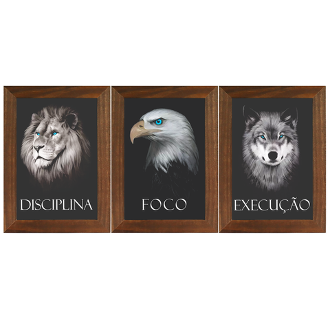Trio Quadro Leão Águia Lobo Disciplina Foco Execução 40cm Ref3
