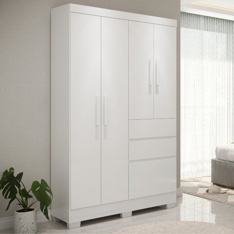 Guarda Roupa Casal Brunela 5 Portas 2 Gavetas com Cabideiro e Prateleira Yescasa Branco/Branco Lilás