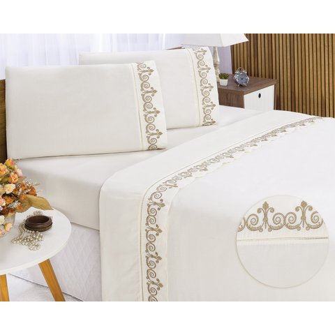 Jogo lençol Atenas quarto casal padrão bordado 4 peças 2fronha:Palha com Caqui